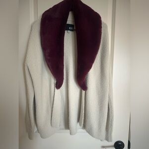 Kut Cream Cardigan with Plum Faux Fur Collar NWOT